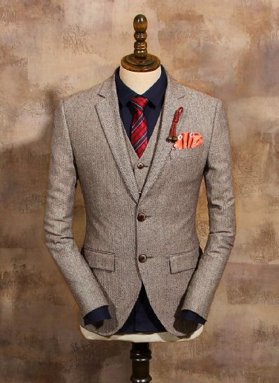 英倫復(fù)古咖啡色單排兩粒扣男士修身西裝 雅痞西服外套 男